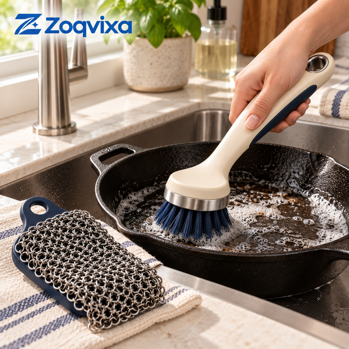 Zoqvixa™ Pan Brush & Chainmail Scrubber Set