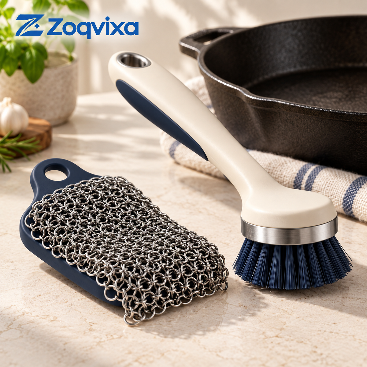 Zoqvixa™ Pan Brush & Chainmail Scrubber Set